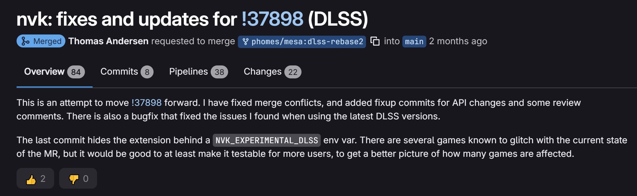 GitLab interface showing a merged update titled 'nvk: fixes and updates for !37898 (DLSS)' with details regarding merge conflicts, bug fixes, and API changes by Thomas Andersen.