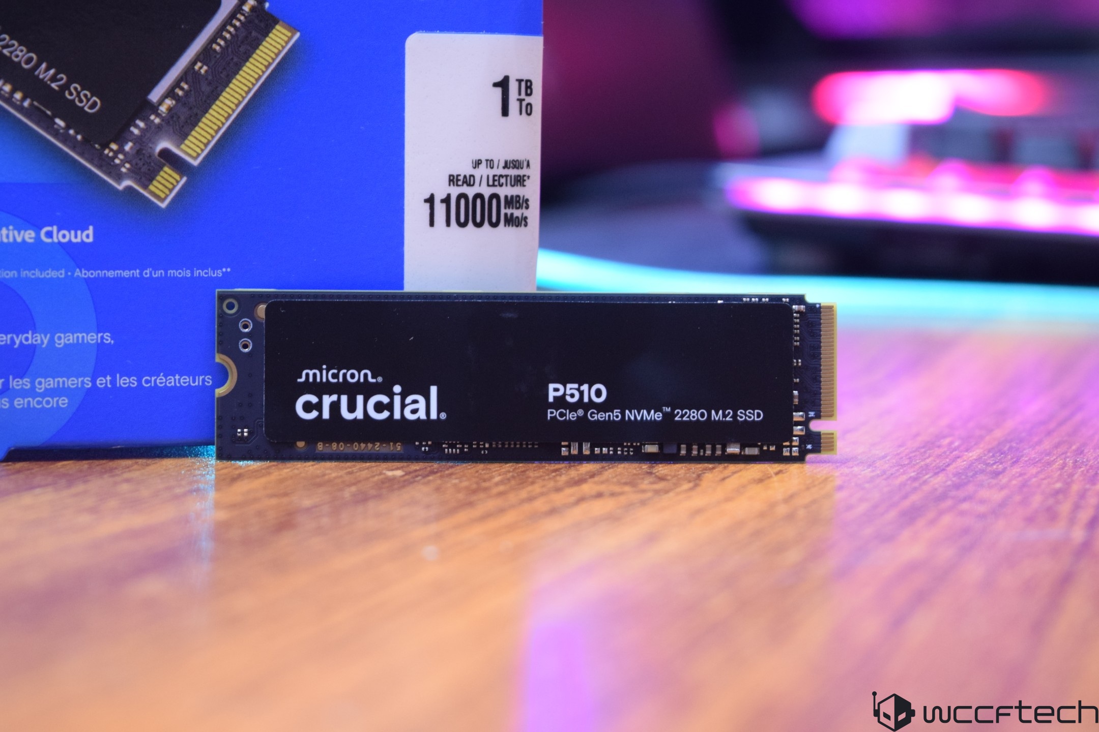 Micron Crucial P510 PCIe Gen5 NVMe 2280 M.2 SSD with '1 TB' capacity and '11000 MB/s' read speed displayed against its packaging.