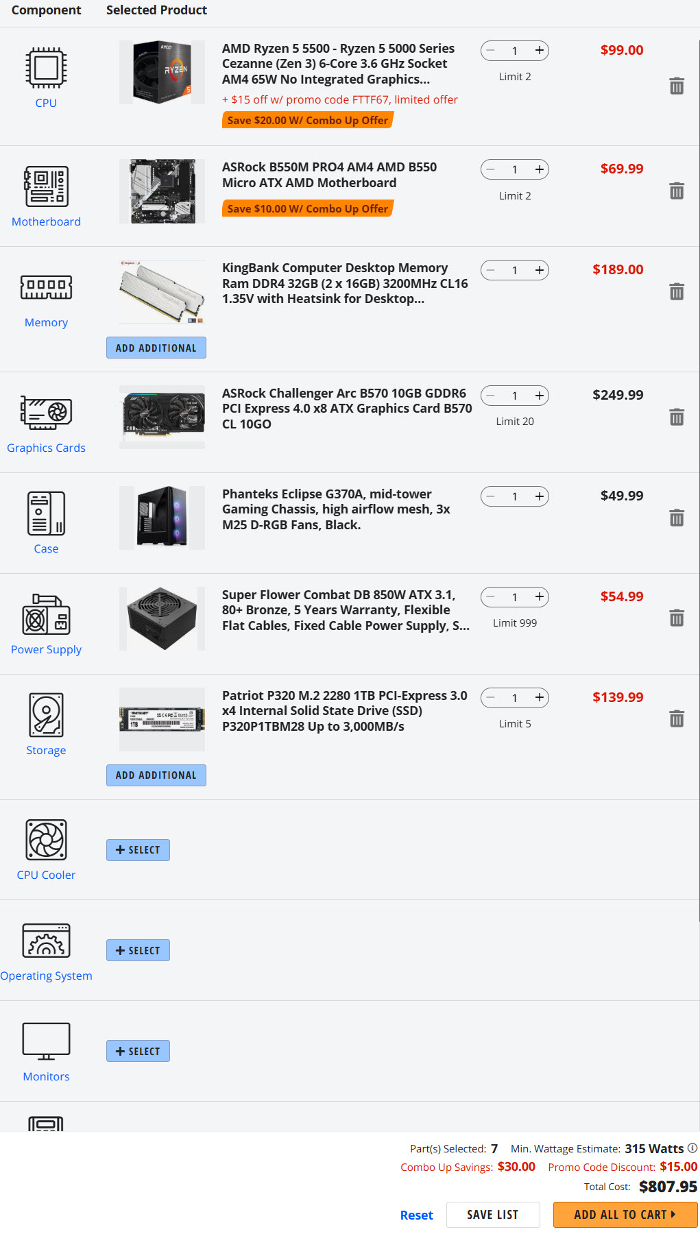 A component list for a custom PC build includes an AMD Ryzen 5 5500 CPU, ASRock B550M PRO4 motherboard, KingBank DDR4 32GB RAM, ASRock Challenger Arc B570 graphics card, Phanteks Eclipse G370A case, Super Flower Combat DB 850W power supply, and Patriot P320 M.2 1TB SSD, totaling $807.95.