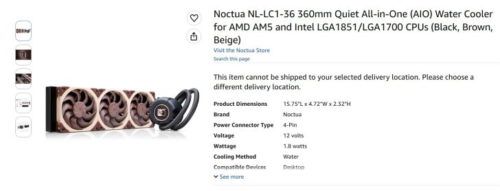 Noctua NL-LC1-36 360mm Quiet All-in-One (AIO) Water Cooler for AMD AM5 and Intel LGA1851/LGA1700 CPUs is shown with three fans and specifications listed including a 4-Pin power connector and dimensions of 15.75 x 4.72 x 2.32.