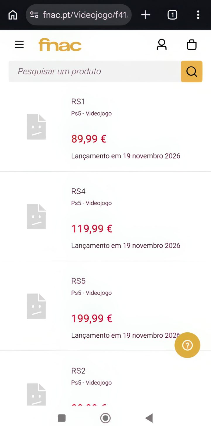 A screenshot from the fnac.pt website shows listings for PS5 video games titled 'RS1,' 'RS4,' and 'RS5,' priced at 89,99 €, 119,99 €, and 199,99 € respectively, with a release date of 19 November 2026.