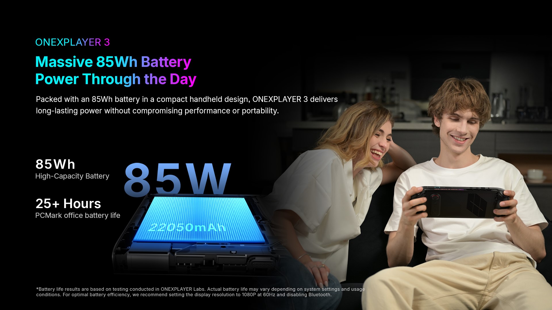 The image showcases a promotional graphic for the ONEXPLAYER 3 handheld gaming device, highlighting its 'Massive 85Wh Battery Power Through the Day' with '85W High-Capacity Battery' and '25+ Hours PCMark office battery life,' accompanied by a photo of two people smiling while using the device.