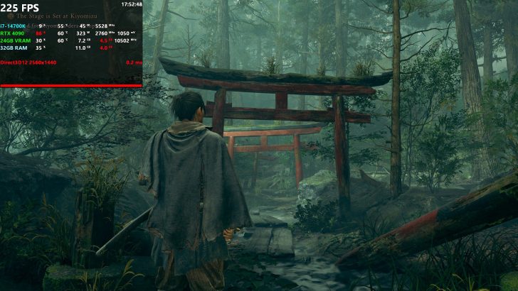 A character in a forest setting encounters a wooden torii gate in a game scene titled 'The Stage is Set at Kiyomizu,' with performance metrics showing '225 FPS' and specifications including an 'RTX 4090' and 'i7-14700K' processor.