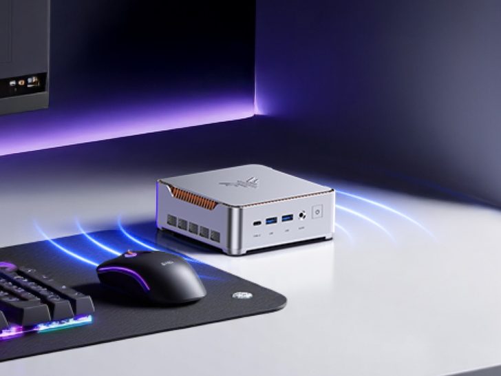 Mini PC is placed on a desk next to a black gaming mouse and keyboard with RGB lighting.