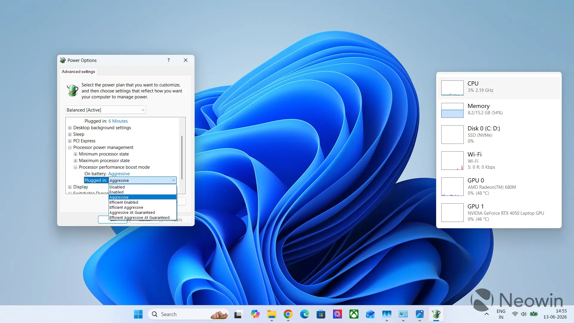 The image shows Windows 11 Power Options with 'Plugged in' set to 'Aggressive,' and Task Manager indicating an AMD Radeon 680M GPU and NVIDIA GeForce RTX 4050 Laptop GPU.