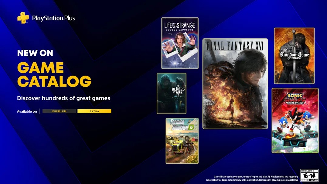 A PlayStation Plus promotional image shows new additions to the game catalog featuring titles like 'Final Fantasy XVI,' 'Sonic Generations,' and 'Farming Simulator 25,' available on 'Premium' and 'Extra' tiers.