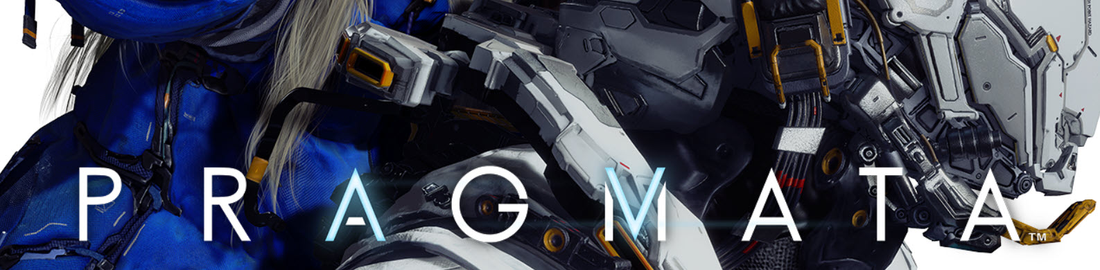 A close-up of a futuristic character in blue armor with parts of a metallic exoskeleton, with the large text 'PRAGMATA' displayed across the image.