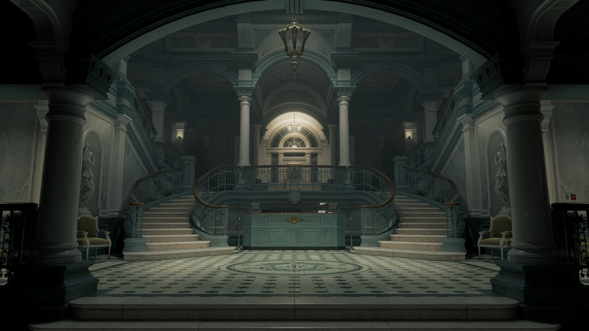 A grand, ornate hall with a double staircase, classical columns, and detailed moldings, typical of a mansion's interior design in a video game setting.