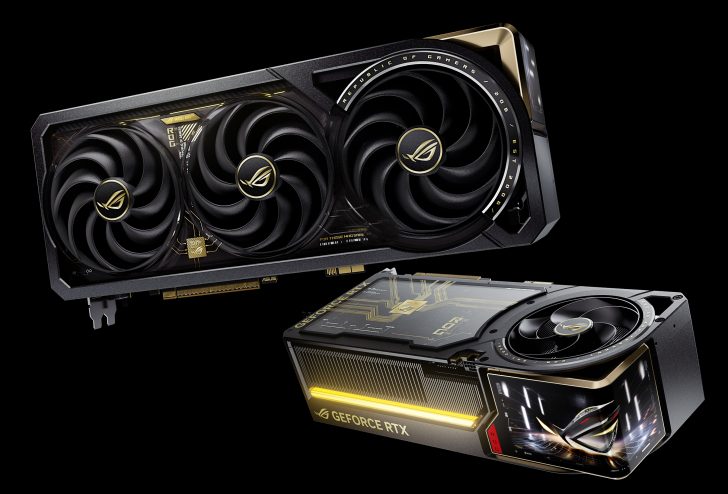 Two ASUS graphics cards, the ROG Matrix GeForce RTX 4090 and a custom-cooled GeForce RTX card with ROG branding, are shown with sleek black and gold designs and visible Republic of Gamers logos.