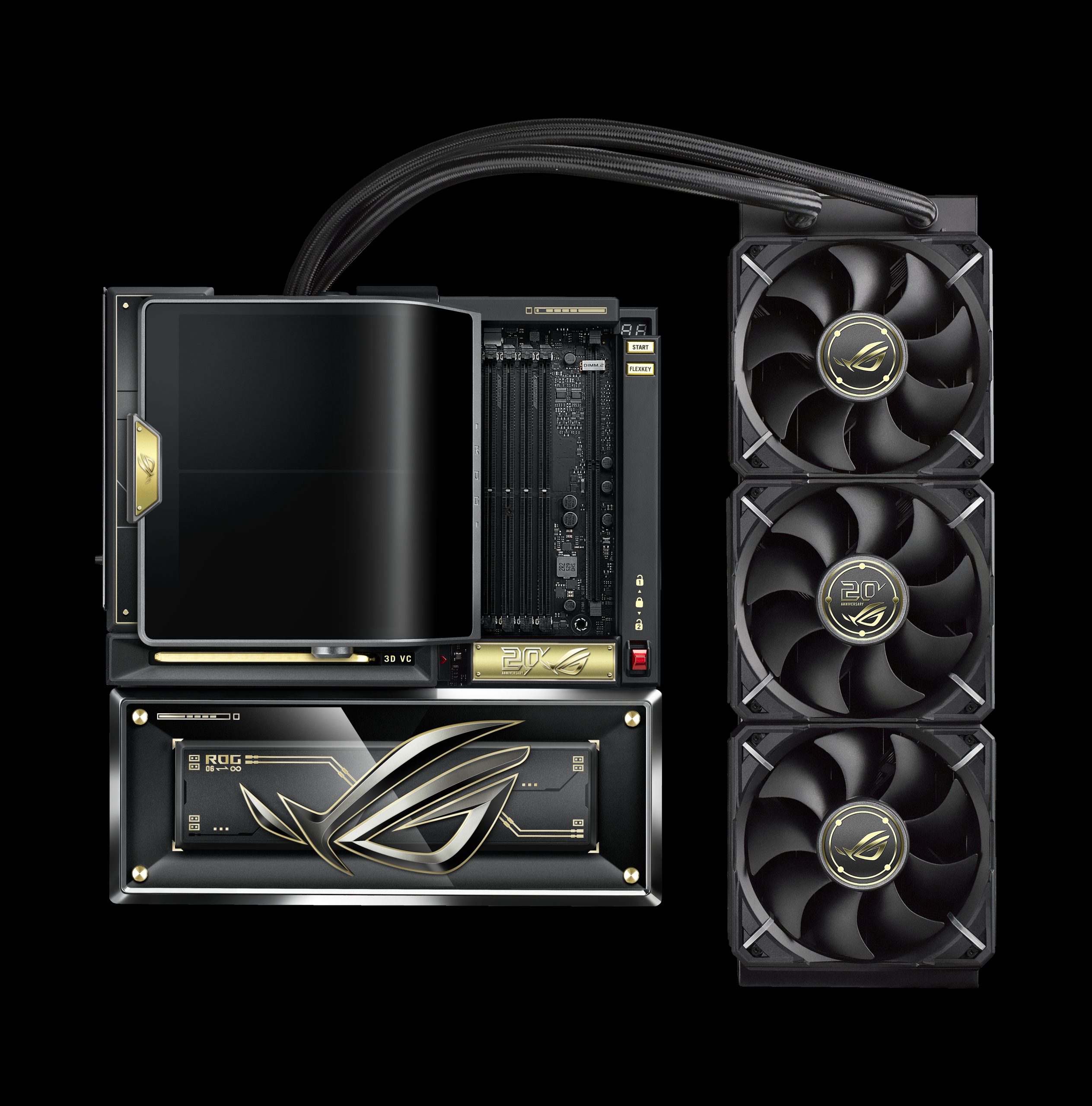 An ASUS ROG motherboard with integrated cooling and dual-fan system, featuring the '20th Anniversary' logo.