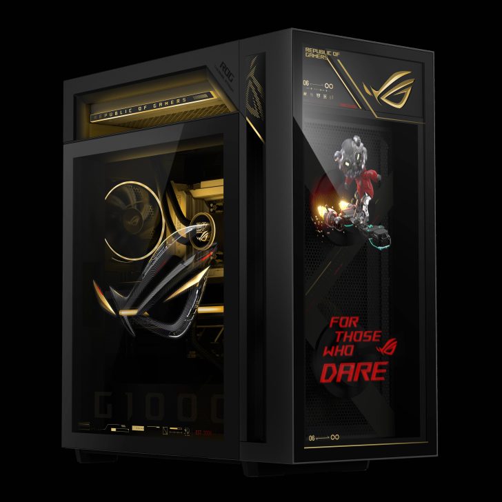 A black ASUS ROG gaming desktop with the 'Republic of Gamers' logo and text 'FOR THOSE WHO DARE' on a prominent front display panel.