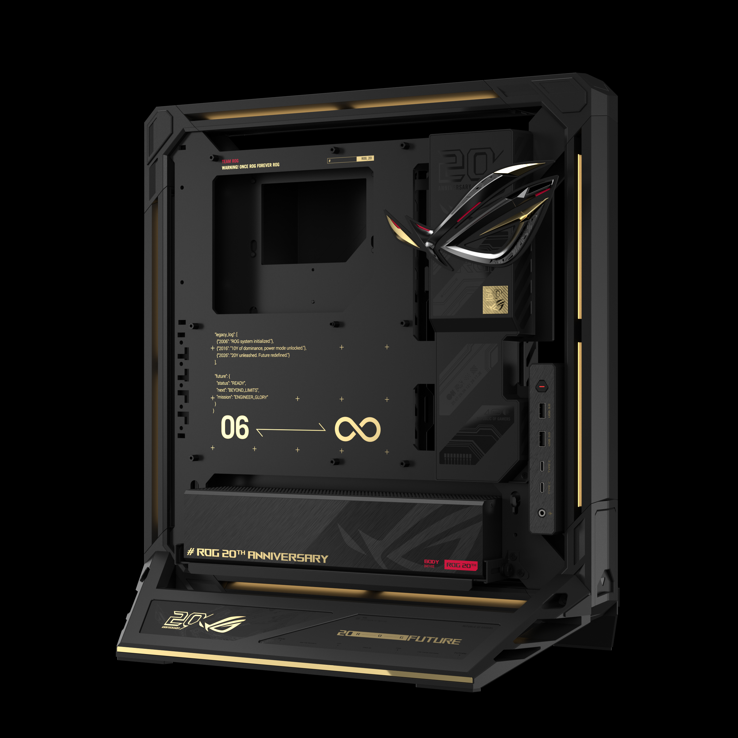 An ASUS ROG 20th Anniversary motherboard with '20GX' branding and gold accents, featuring 'ROG 20th Anniversary' text.