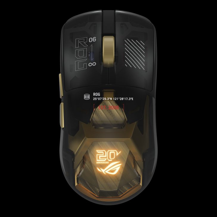 An ASUS ROG 20th Anniversary gaming mouse with coordinates '25°07'29.3N 121°28'17.3E' and the text '[EST. 2006]'.