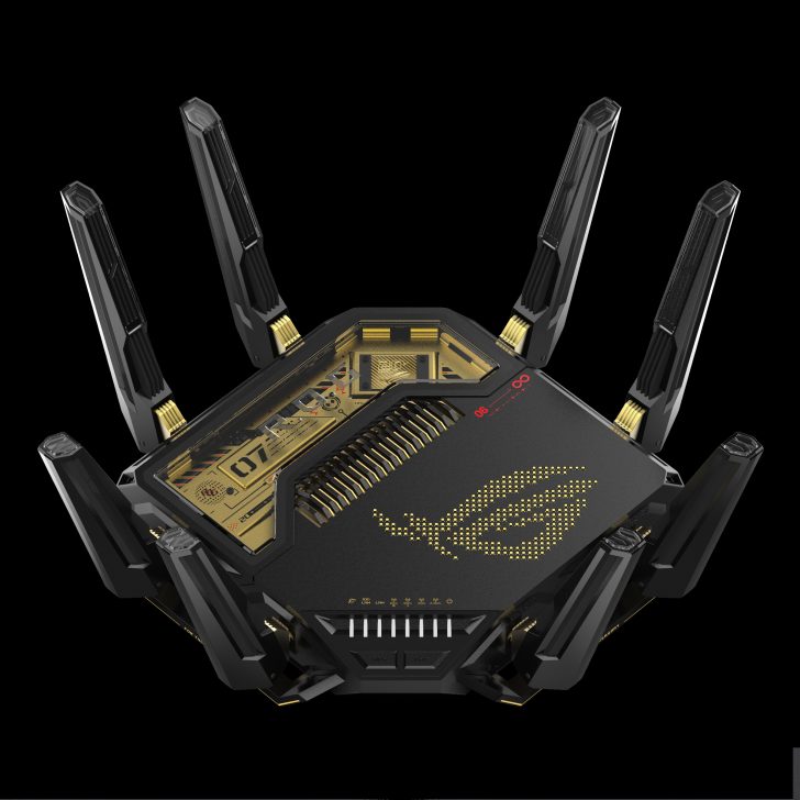 ASUS ROG Rapture GT-AX11000 wireless gaming router with multiple antennas and a sleek black and gold design.