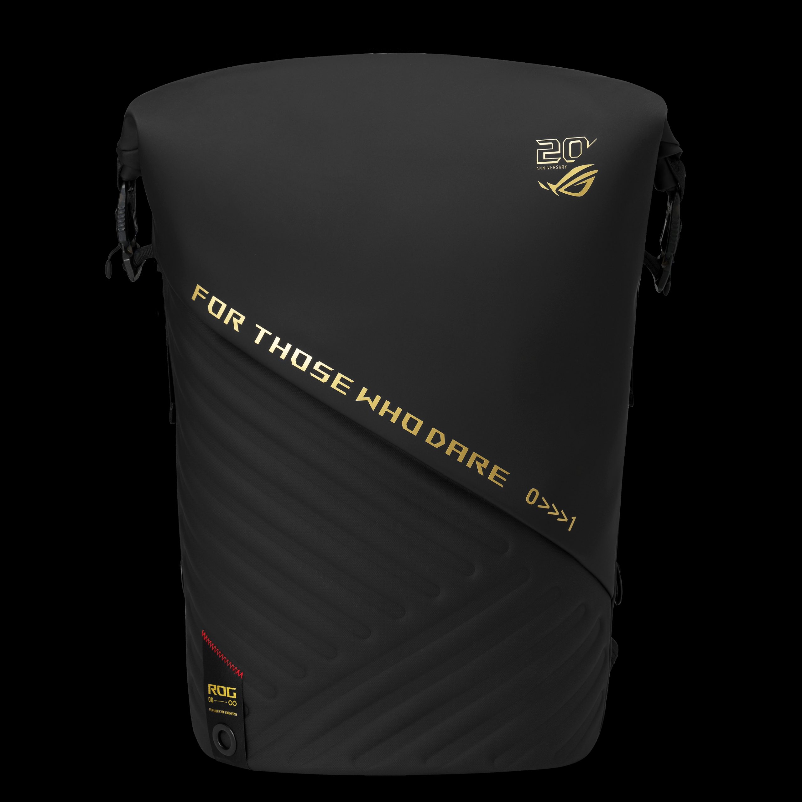 A black ASUS ROG backpack with the text 'FOR THOSE WHO DARE' and a 20th-anniversary logo.