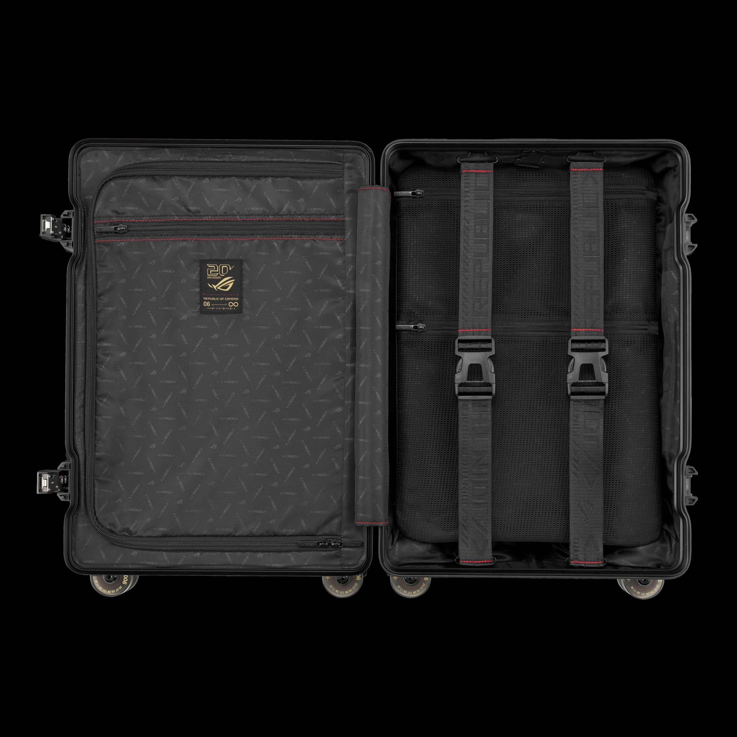 An open ASUS ROG suitcase showing the interior layout with straps and a '20 Years ROG' label.