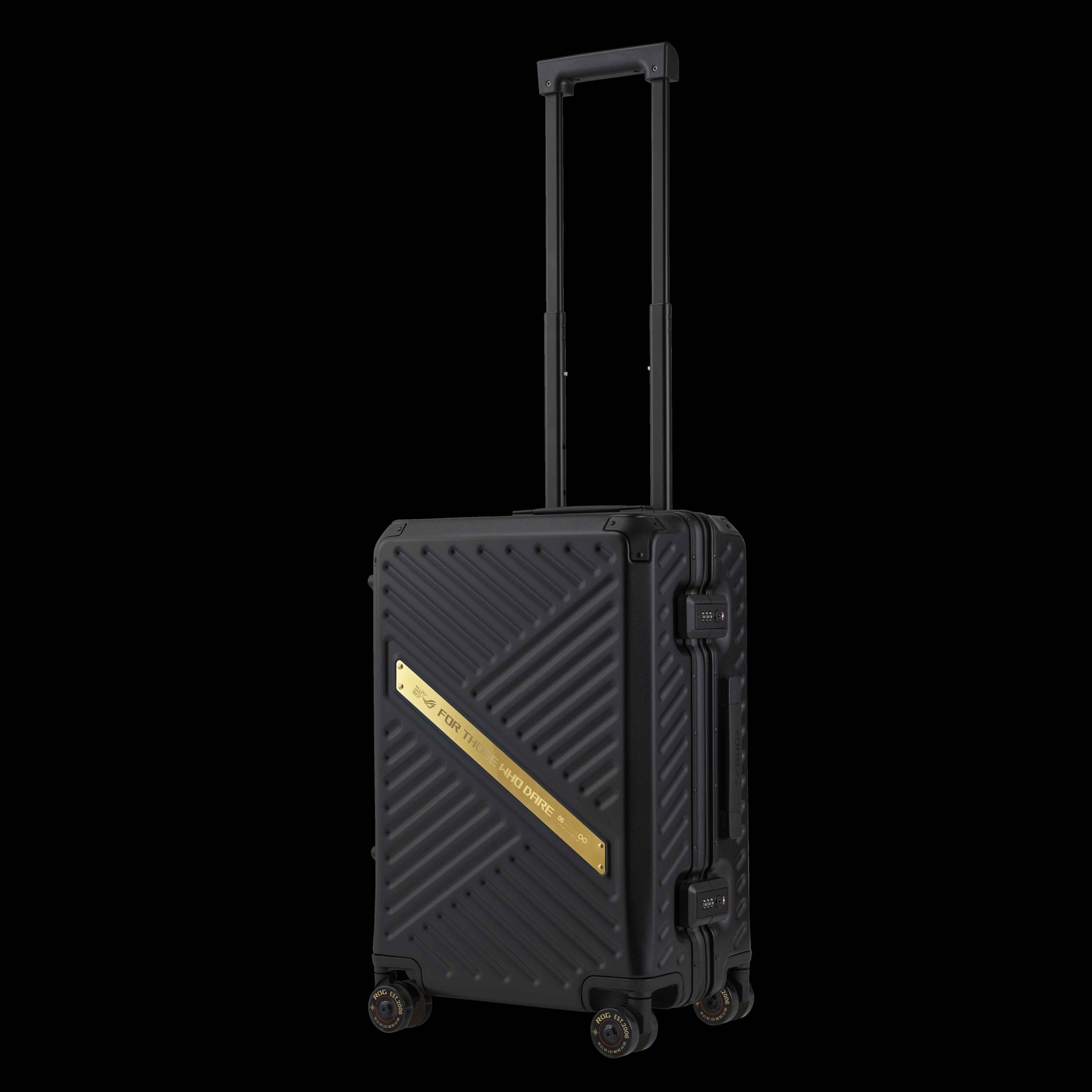 A black TUF Gaming suitcase with a gold plate reading 'For Those Who Dare.'