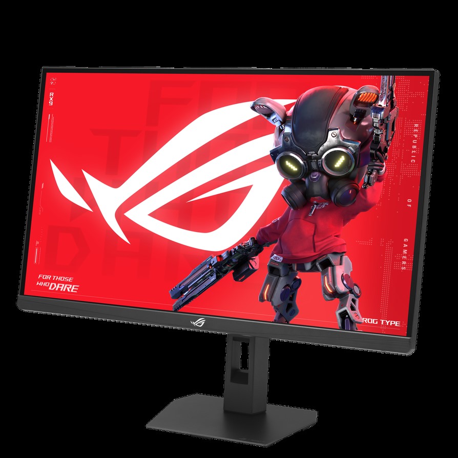 An ASUS ROG monitor displaying a red-themed image with the ROG logo and a futuristic character holding a weapon, with on-screen text 'For Those Who Dare'.