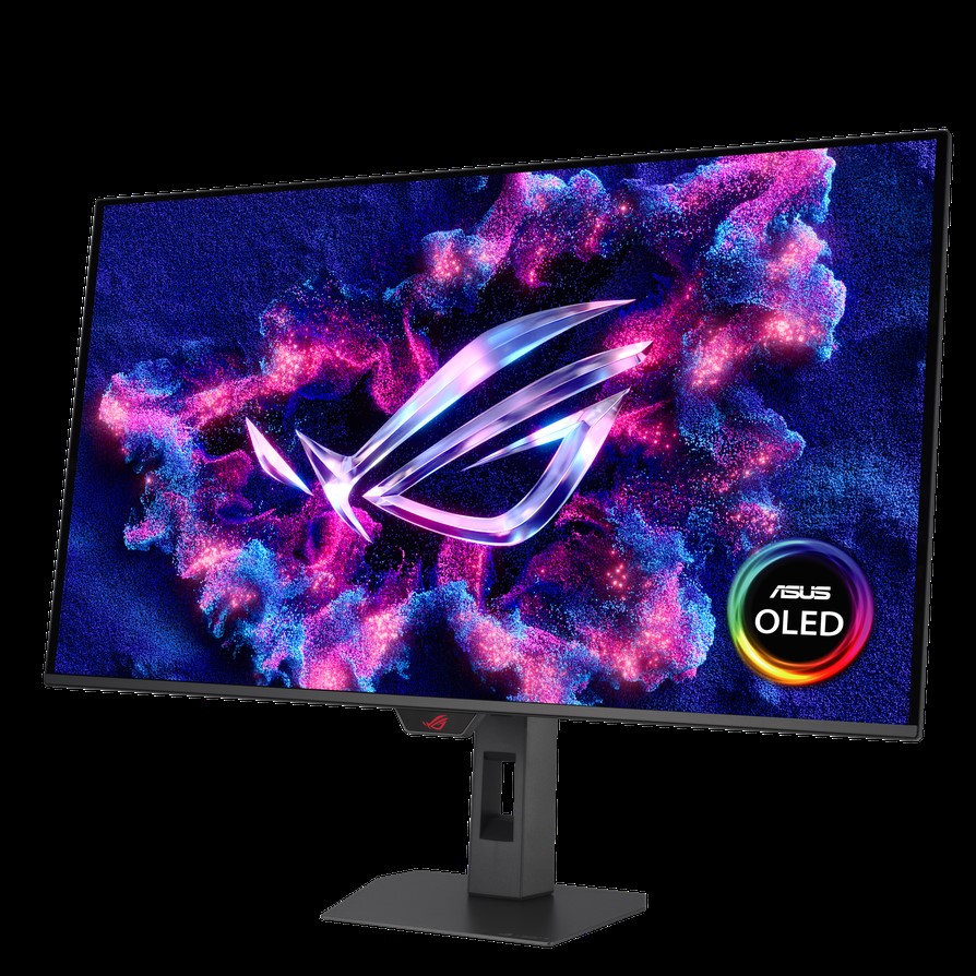 The ASUS ROG OLED gaming monitor displays a vibrant cosmic design with the 'ASUS OLED' logo in the corner.