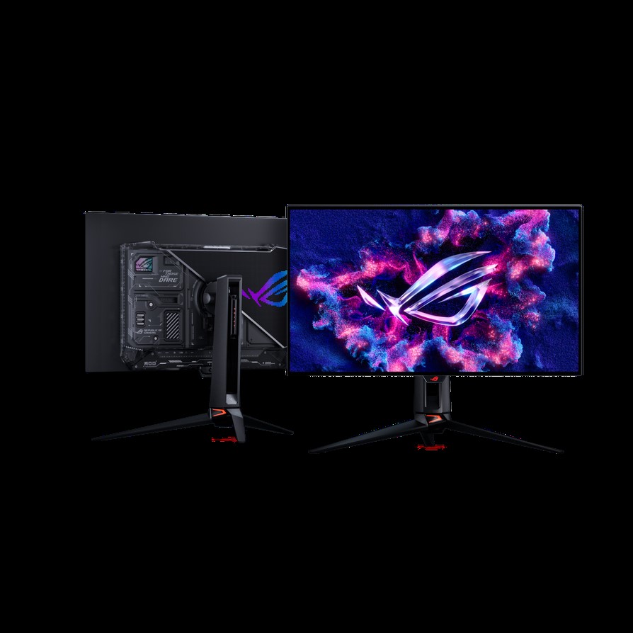 Two ASUS ROG Strix XG32UQ monitors, showing the RGB-lit logo on the back and vibrant display on the front.