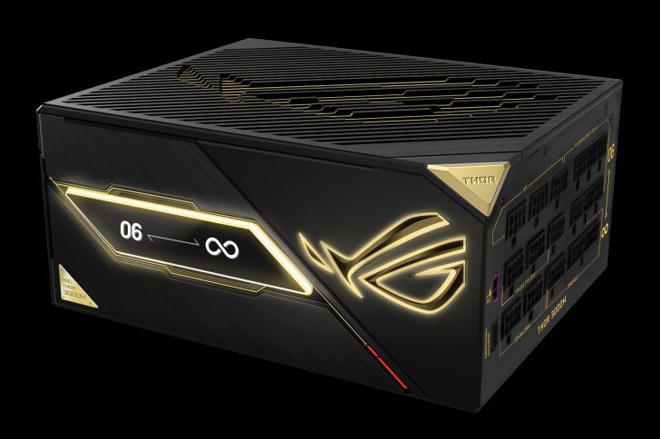 An ASUS ROG Thor 3000W power supply unit featuring illuminated branding and modular connectors.