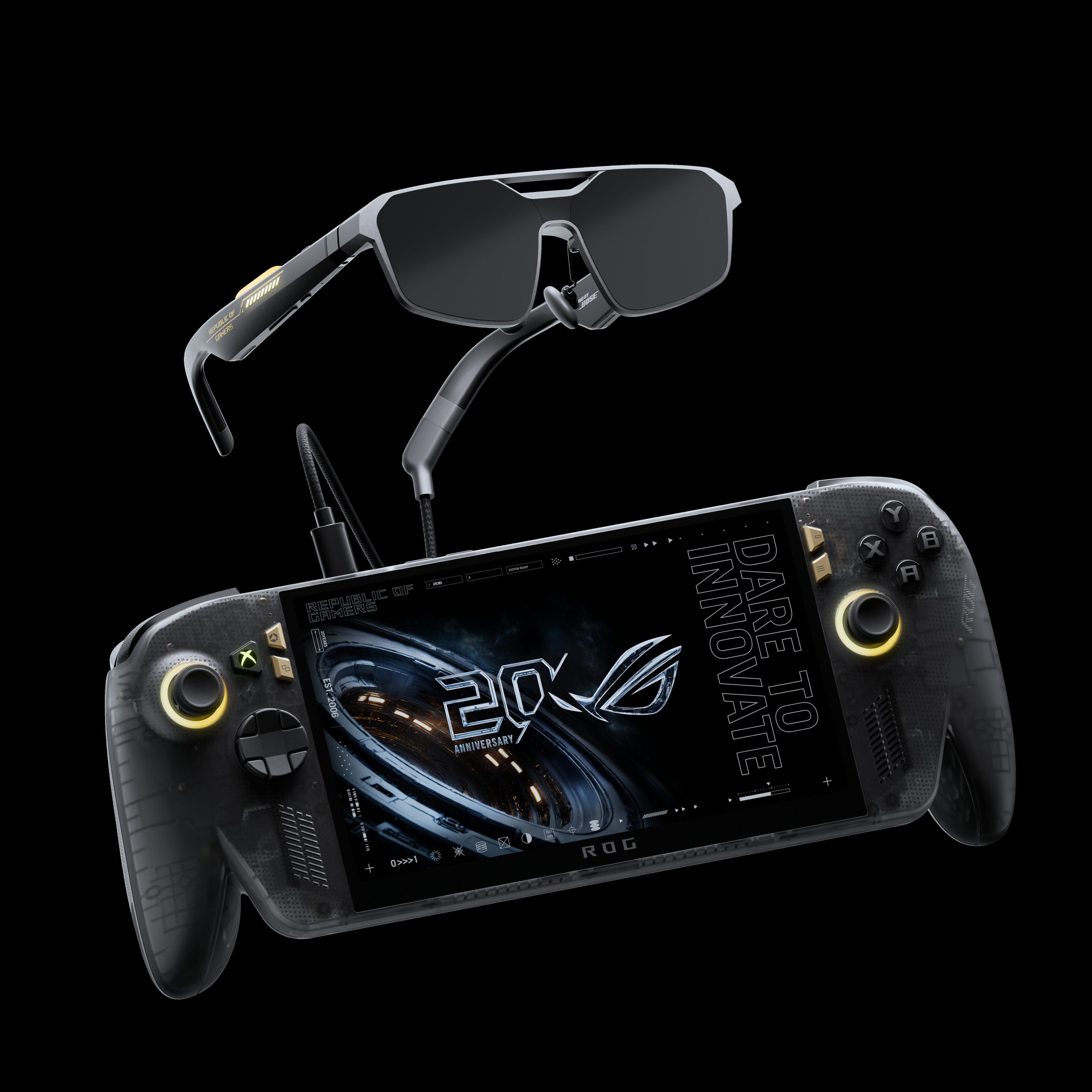 ASUS ROG Ally gaming handheld with on-screen text 'DARE TO INNOVATE' and '20th Anniversary,' next to futuristic ROG smart glasses.