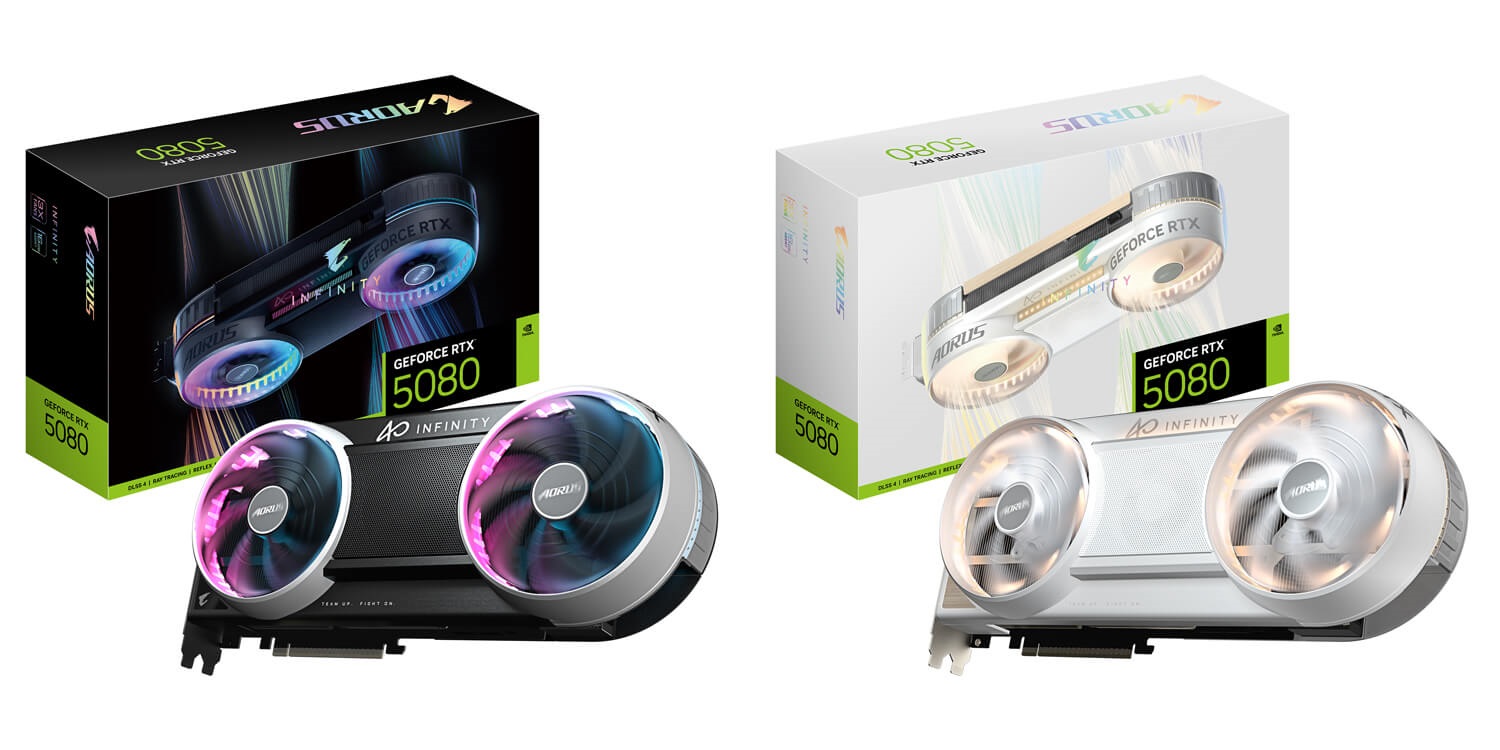 Two AORUS GeForce RTX 5080 graphics card boxes are displayed, each with its respective card featuring dual fans and 'AORUS' branding.