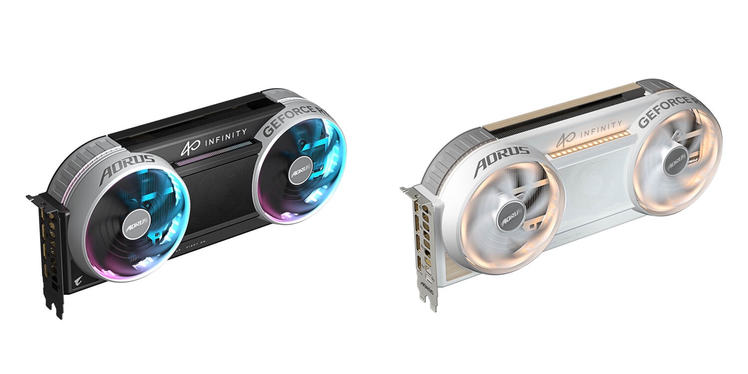 Two AORUS GeForce graphics cards, one in black with RGB lighting and the other in white, both featuring large dual fans and 'AORUS' branding.