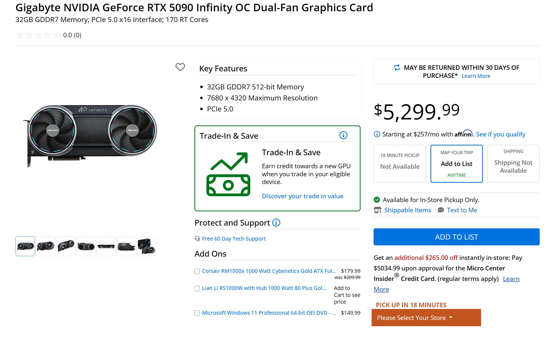A product listing for the Gigabyte NVIDIA GeForce RTX 5090 Infinity OC Dual-Fan Graphics Card shows its price as $5,299.99 and key features including 32GB GDDR7 512-bit memory and PCIe 5.0.