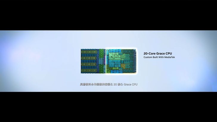 A detailed view of the 20-Core Grace CPU custom built with MediaTek is shown alongside text describing the collaboration.