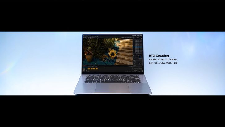 A laptop displaying 3D rendering software with text on the side reading 'RTX Creating,' 'Render 90 GB 3D Scenes,' and 'Edit 12K Video With 4:2:2.'