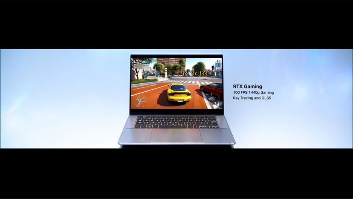 A laptop screen displays a racing game with the text 'RTX Gaming,' '100 FPS 1440p Gaming,' and 'Ray Tracing and DLSS' visible on the side.