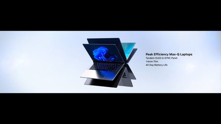 A set of laptops showcases a Tandem OLED G-SYNC Panel, with on-screen text 'Peak Efficiency Max-Q Laptops,' highlighting features like '14mm Thin' and 'All-Day Battery Life.'
