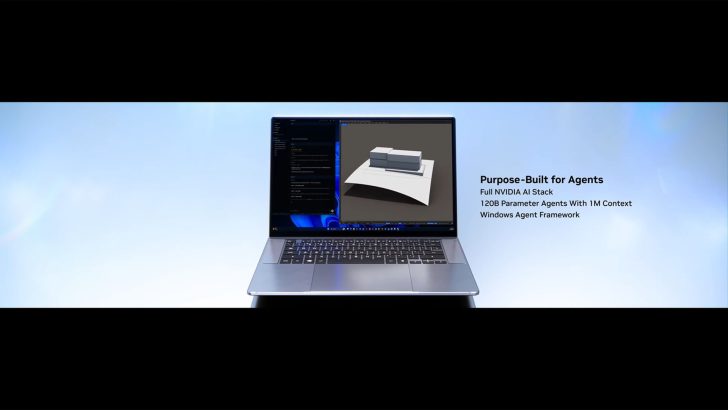 A laptop displays 3D modeling software next to text stating 'Purpose-Built for Agents' with details about the NVIDIA AI stack and parameters.