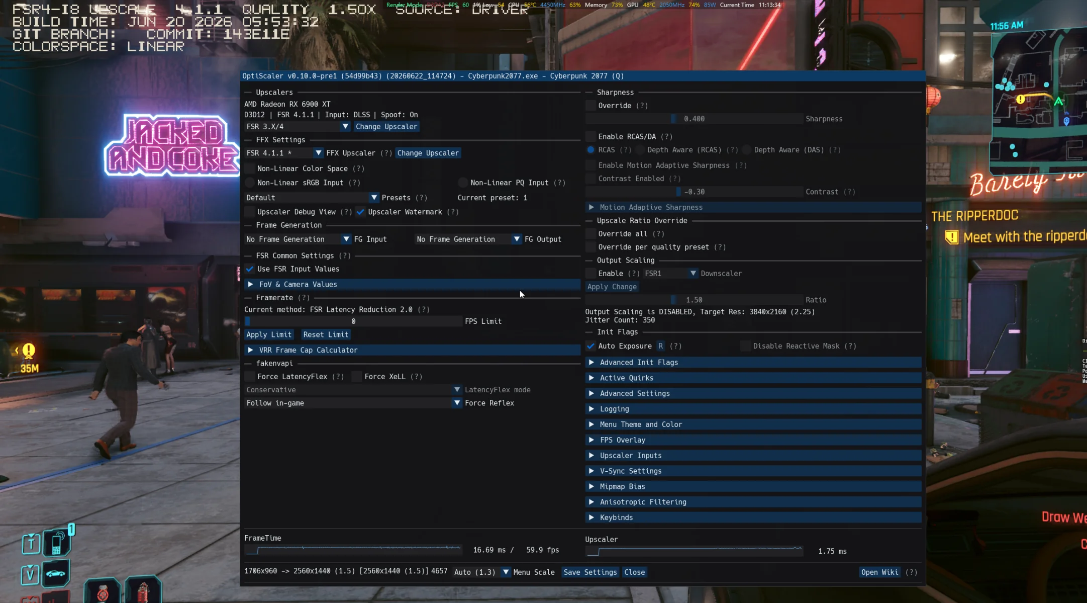 A Cyberpunk 2077 gameplay interface is shown with AMD Radeon RX 6900 XT settings and an 'FSR 4.1.1' upscaler menu, highlighting advanced graphical configurations.