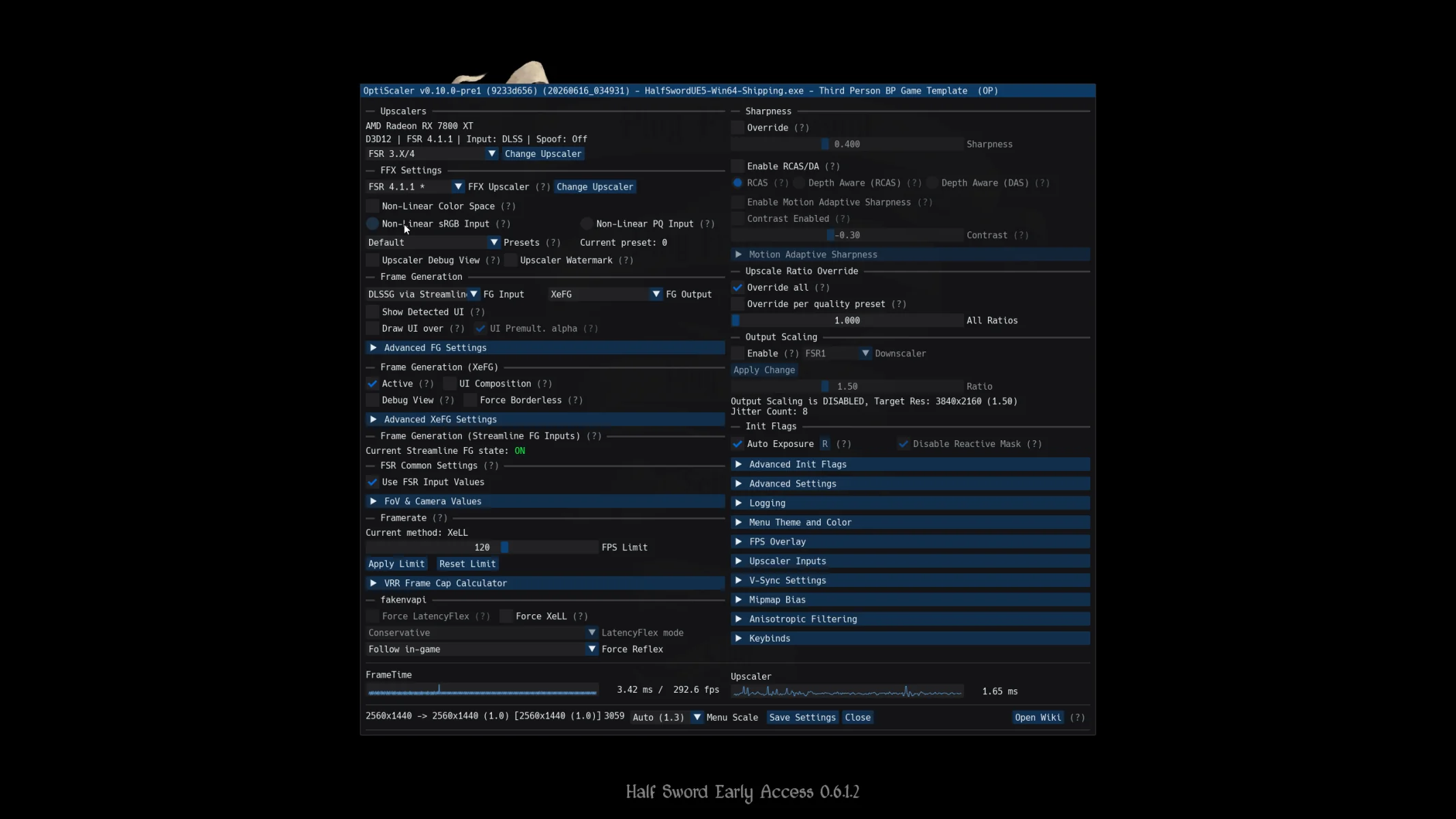A settings screen for 'Half Sword Early Access 0.6.1.2' showing graphics options with an AMD Radeon RX 7880 XT and FSR 4.1.1 enabled.