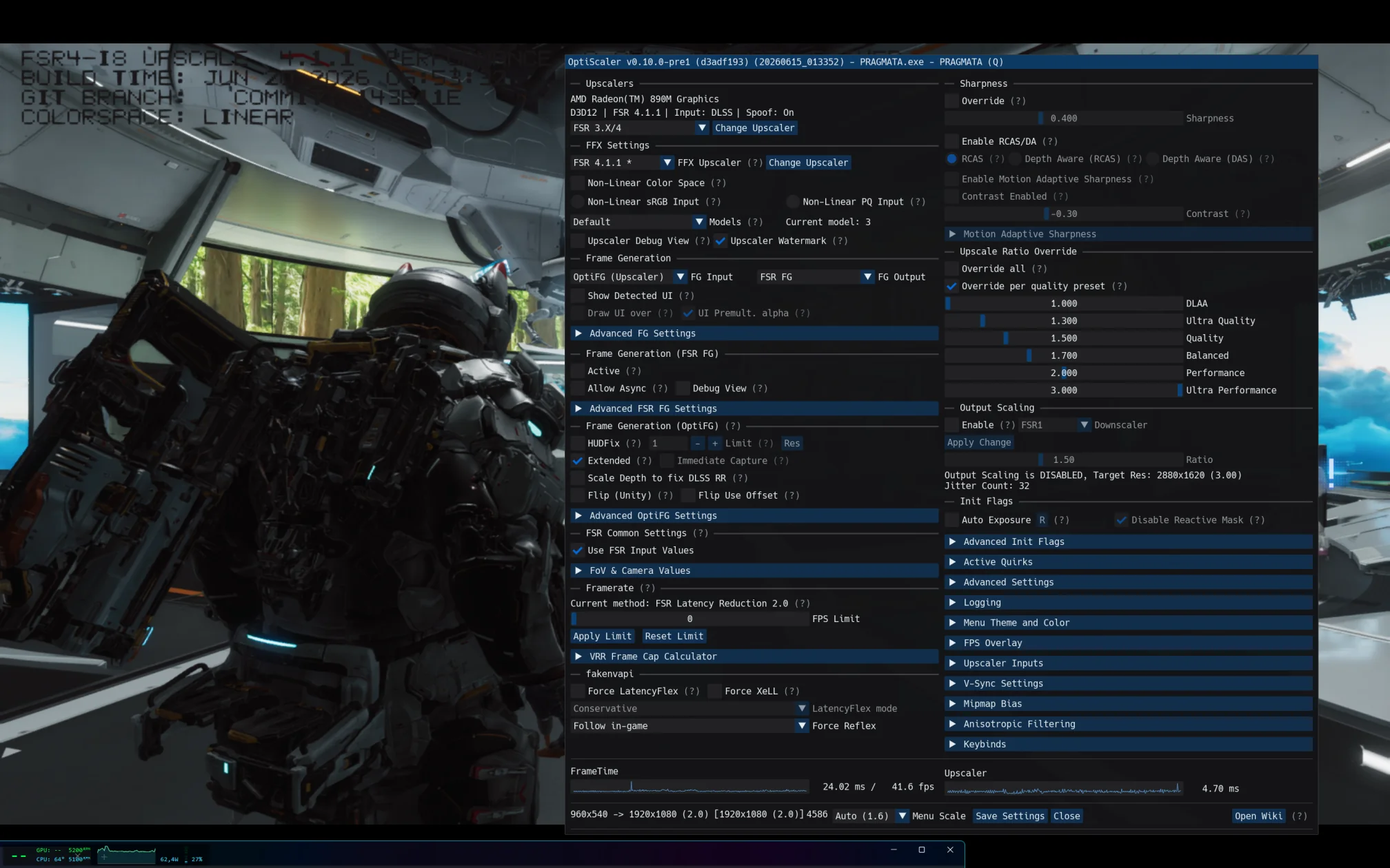 A character in an armored suit from the game 'Pragmata' stands inside a futuristic structure, with technical graphics settings from 'OptiScaler v0.10.0-pre1' displayed on the right, detailing AMD Radeon 890M graphics and upscaling options.