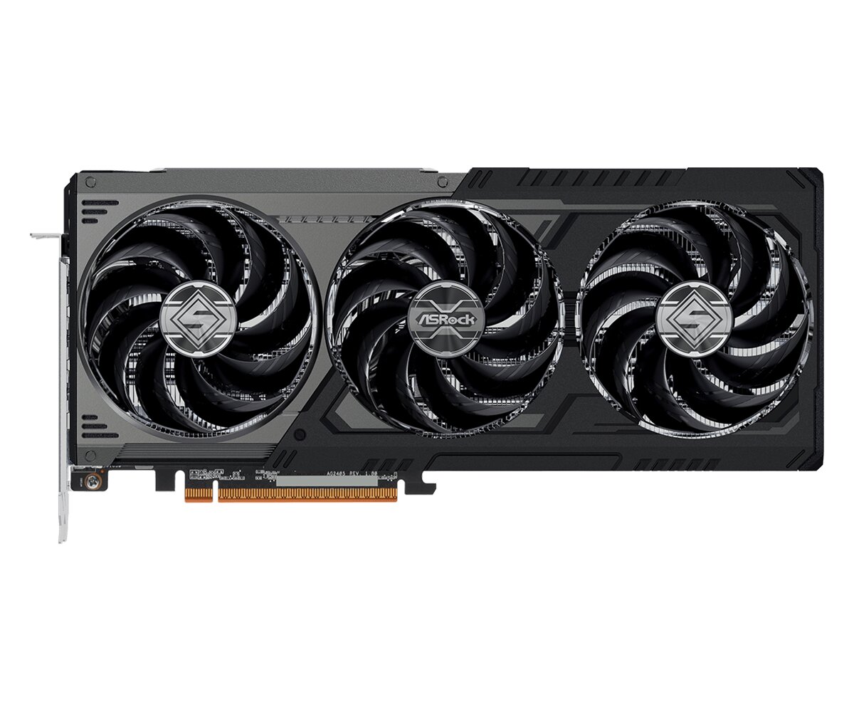 An ASRock graphics card with triple fans and visible ASRock branding.