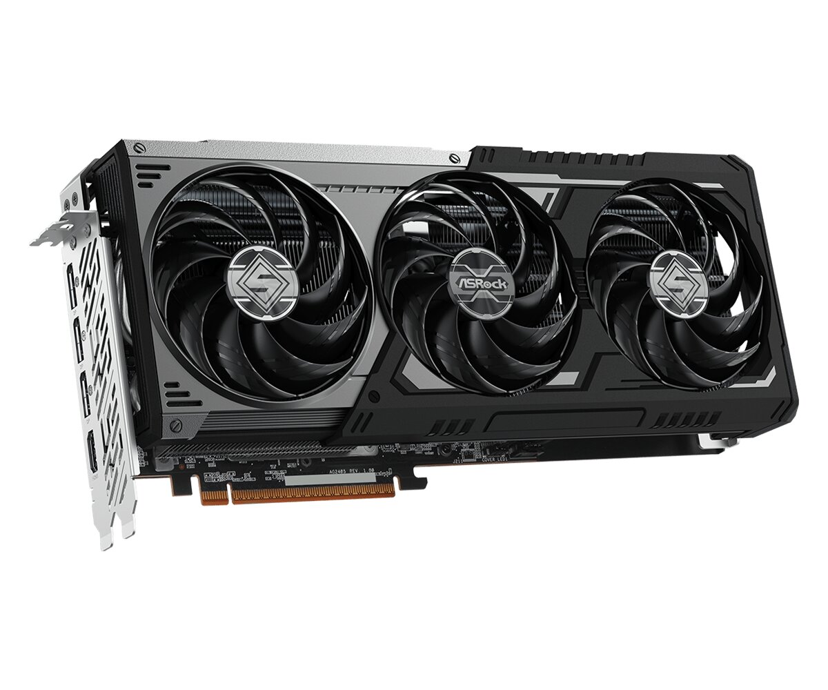 An ASRock graphics card featuring three large cooling fans with the ASRock logo prominently displayed on the central fan.