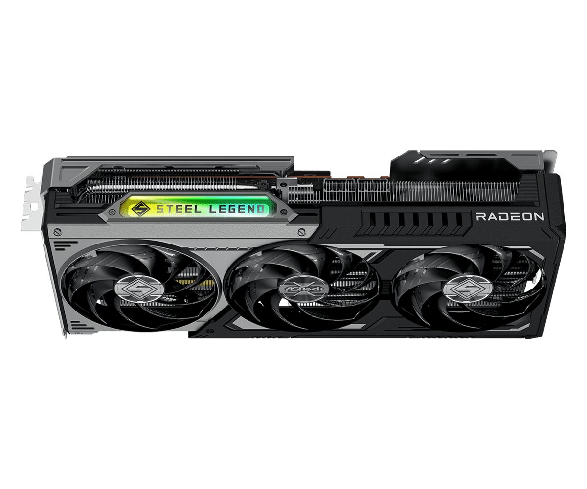An ASRock Radeon graphics card with a 'Steel Legend' RGB label and triple fan design.
