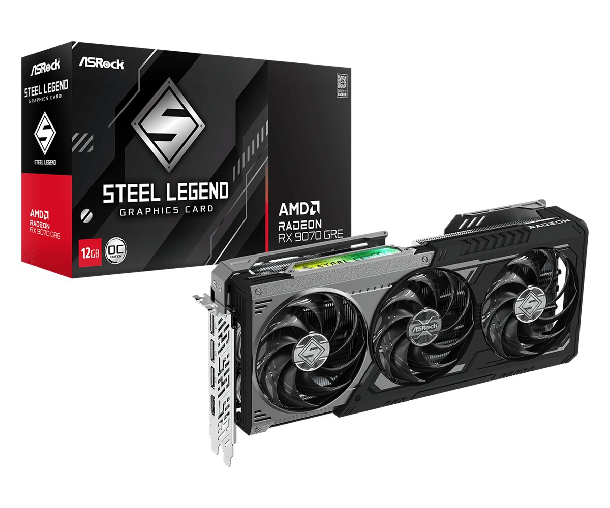 ASRock AMD Radeon RX 9070 GRE Steel Legend graphics card with a box displaying 'Steel Legend Graphics Card' and 'AMD Radeon RX 9070 GRE 12GB OC Edition'.