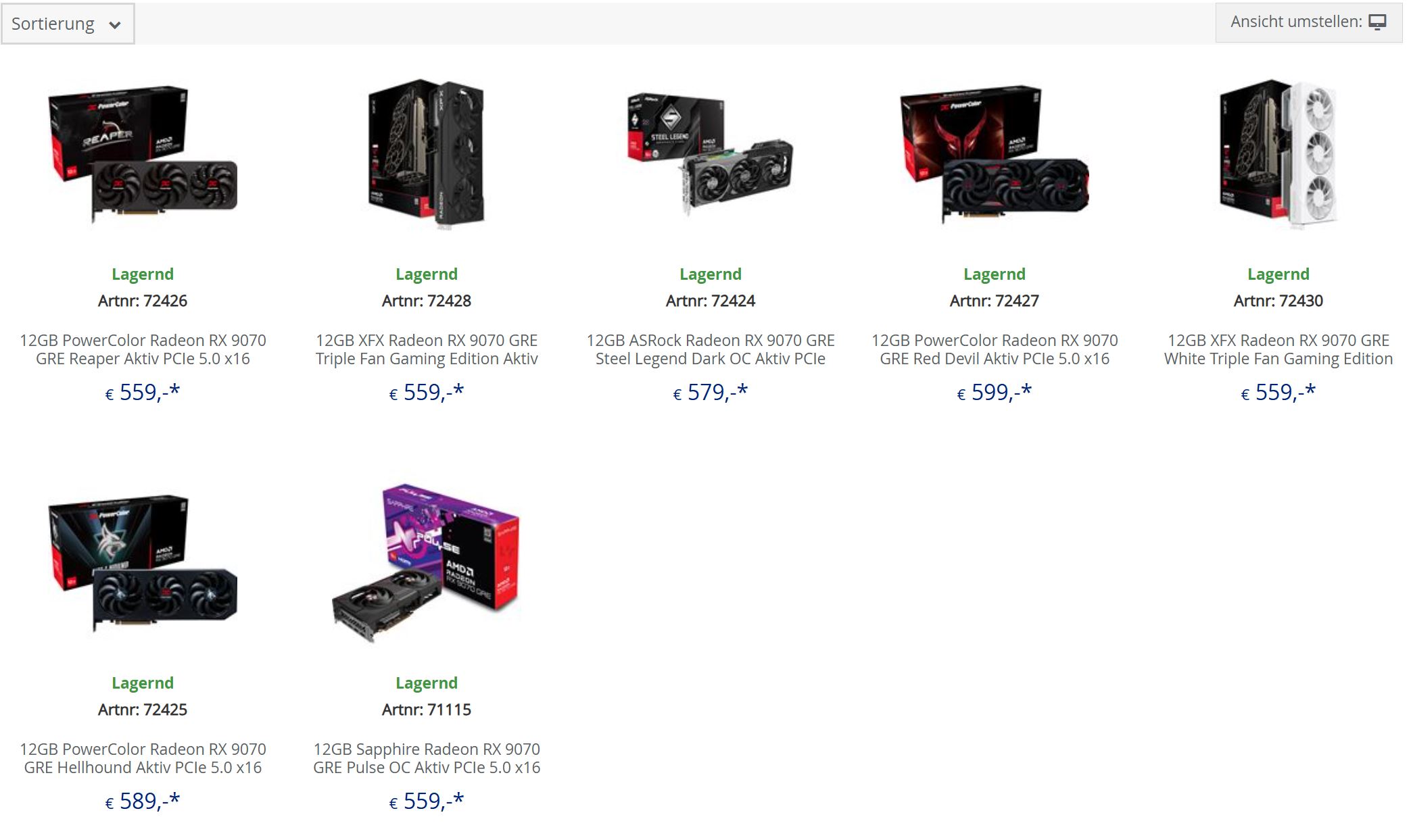 A selection of AMD Radeon RX 9070 GRE graphics cards from PowerColor, XFX, ASRock, and Sapphire are displayed with prices ranging from €559 to €589.
