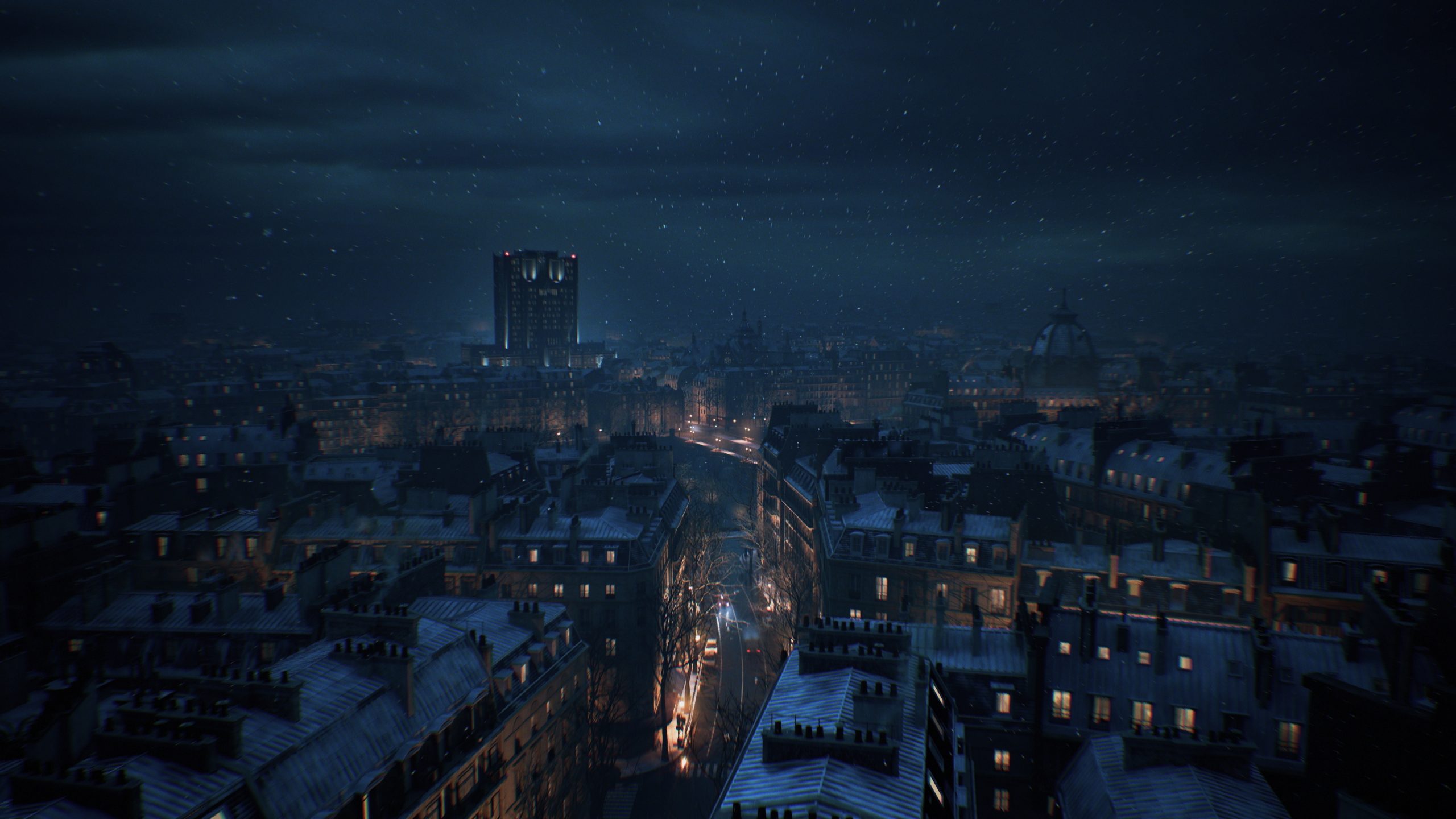 A snowy, nighttime cityscape from a video game depicts an illuminated street with cars, surrounded by buildings with snow-covered rooftops.