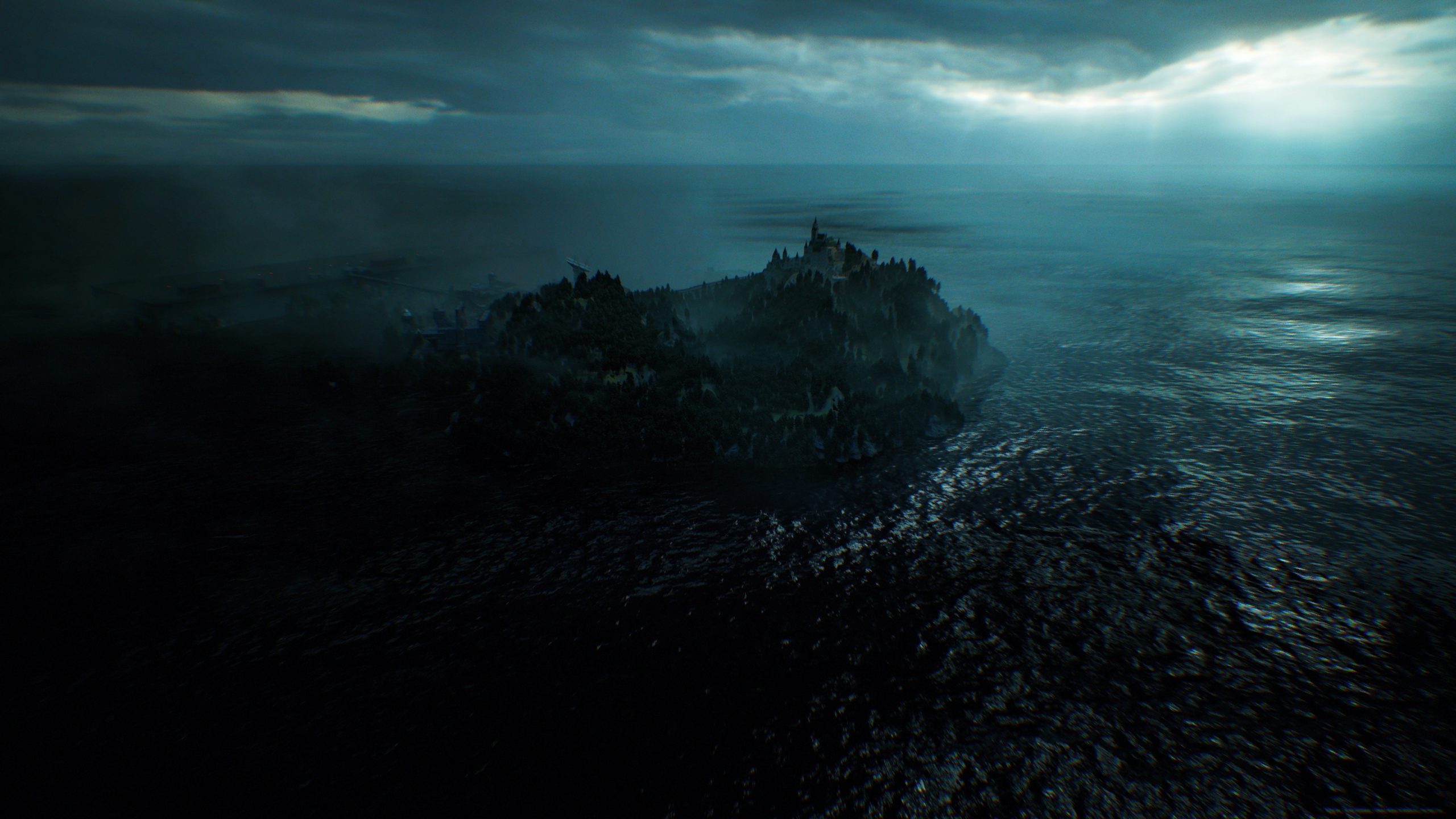 A stormy sea surrounds a dark, mist-covered island with a castle-like structure, under a cloudy sky with rays of light breaking through.
