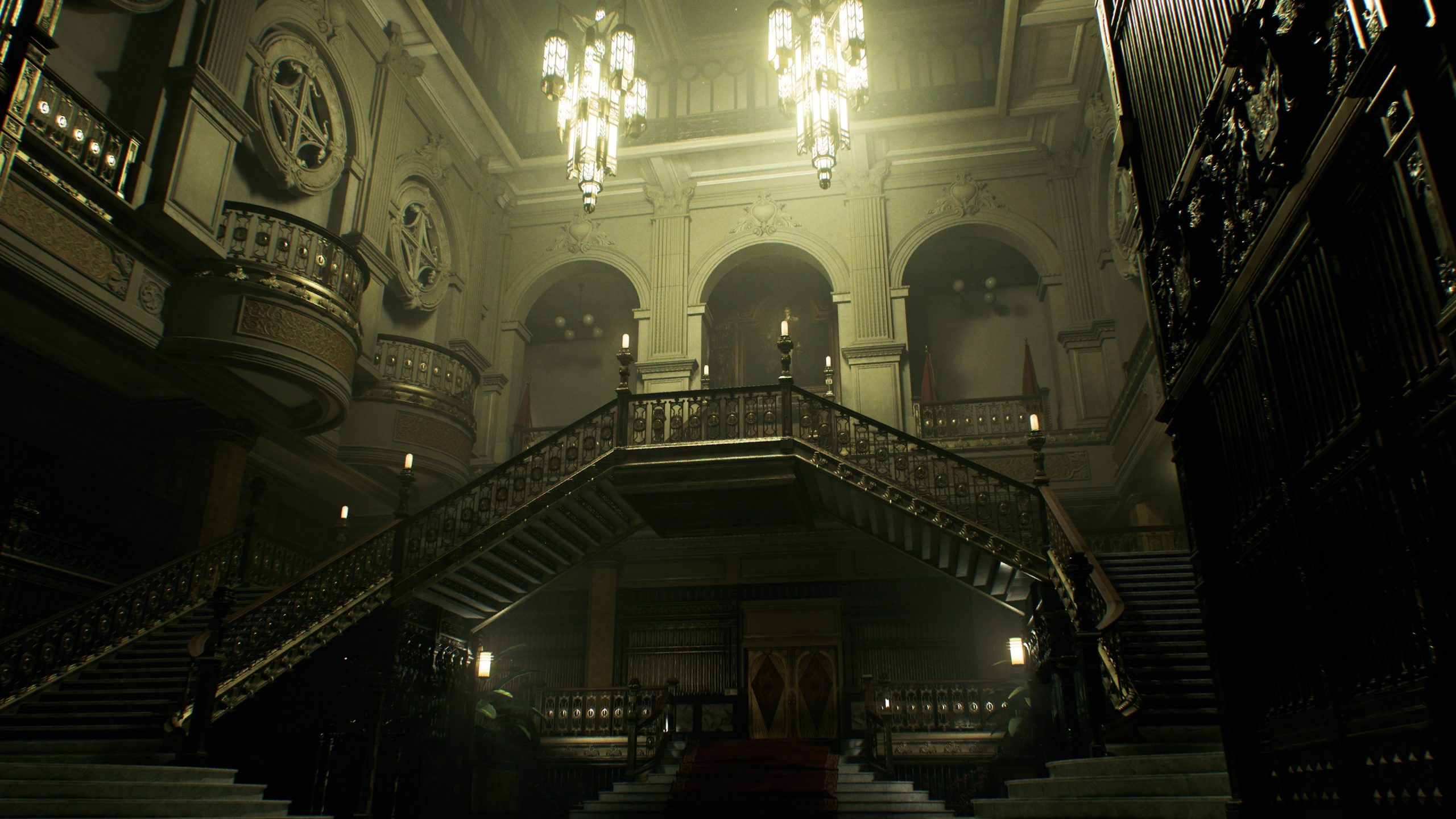 A grand staircase in a dimly lit, ornate hall from the video game 'Resident Evil 4.'