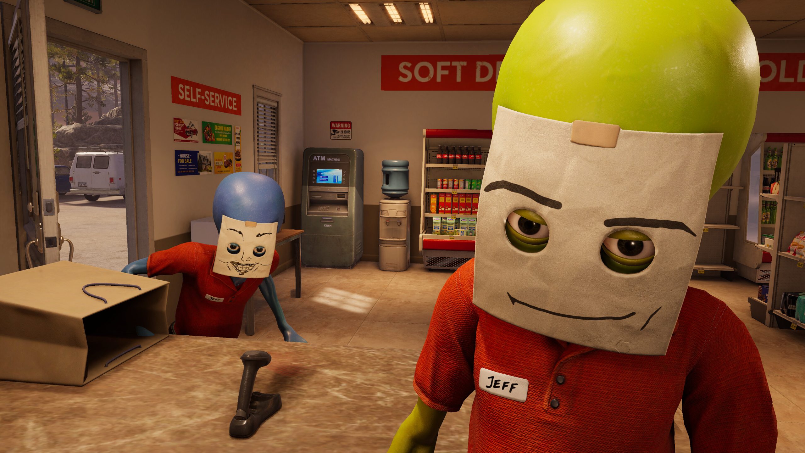 Characters in Roadside Research wearing masks in a convenience store setting, with a visible ATM and a 'SELF-SERVICE' sign on the wall.