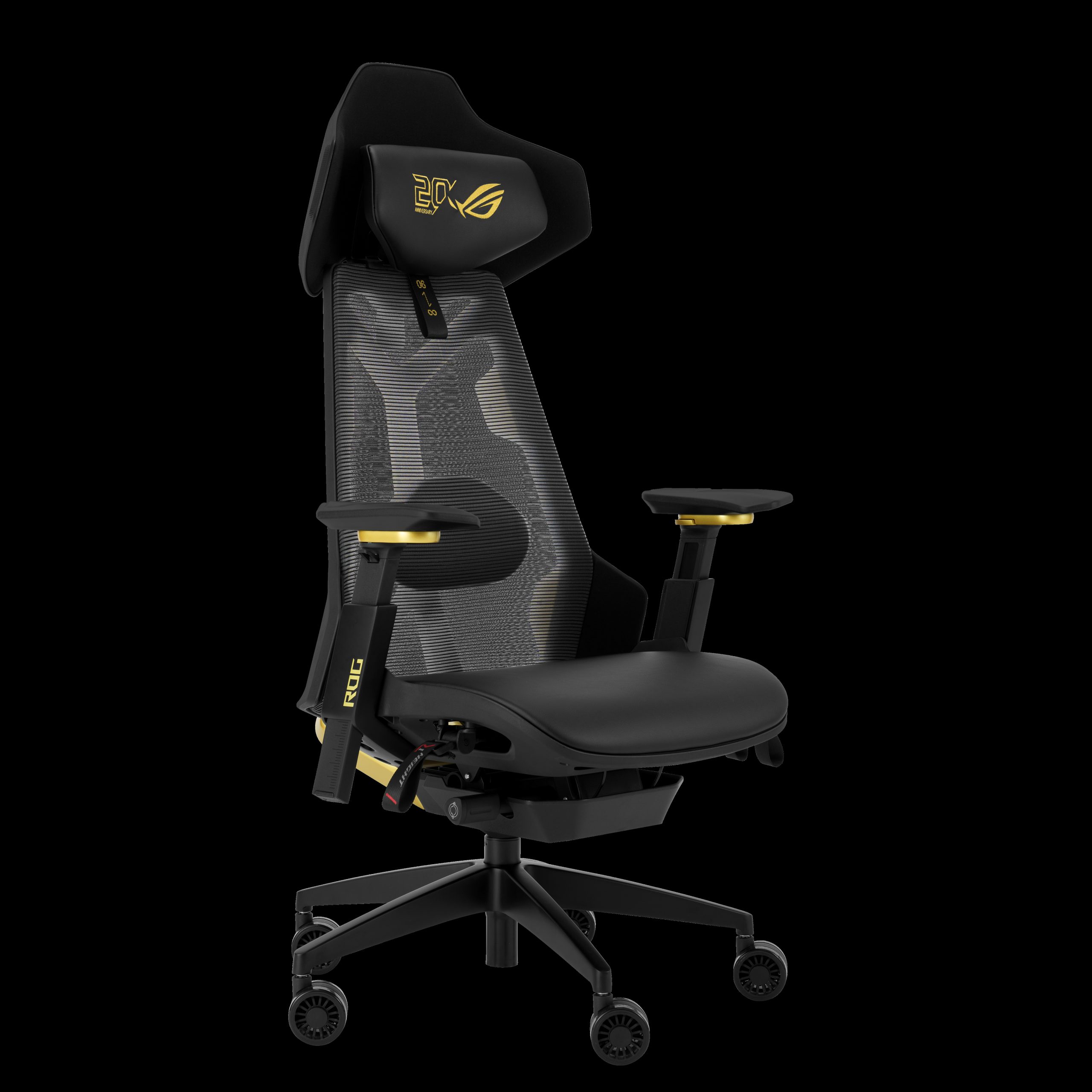 The ASUS ROG Destrier Ergo gaming chair features a mesh back, adjustable armrests, and 'ROG' branding.