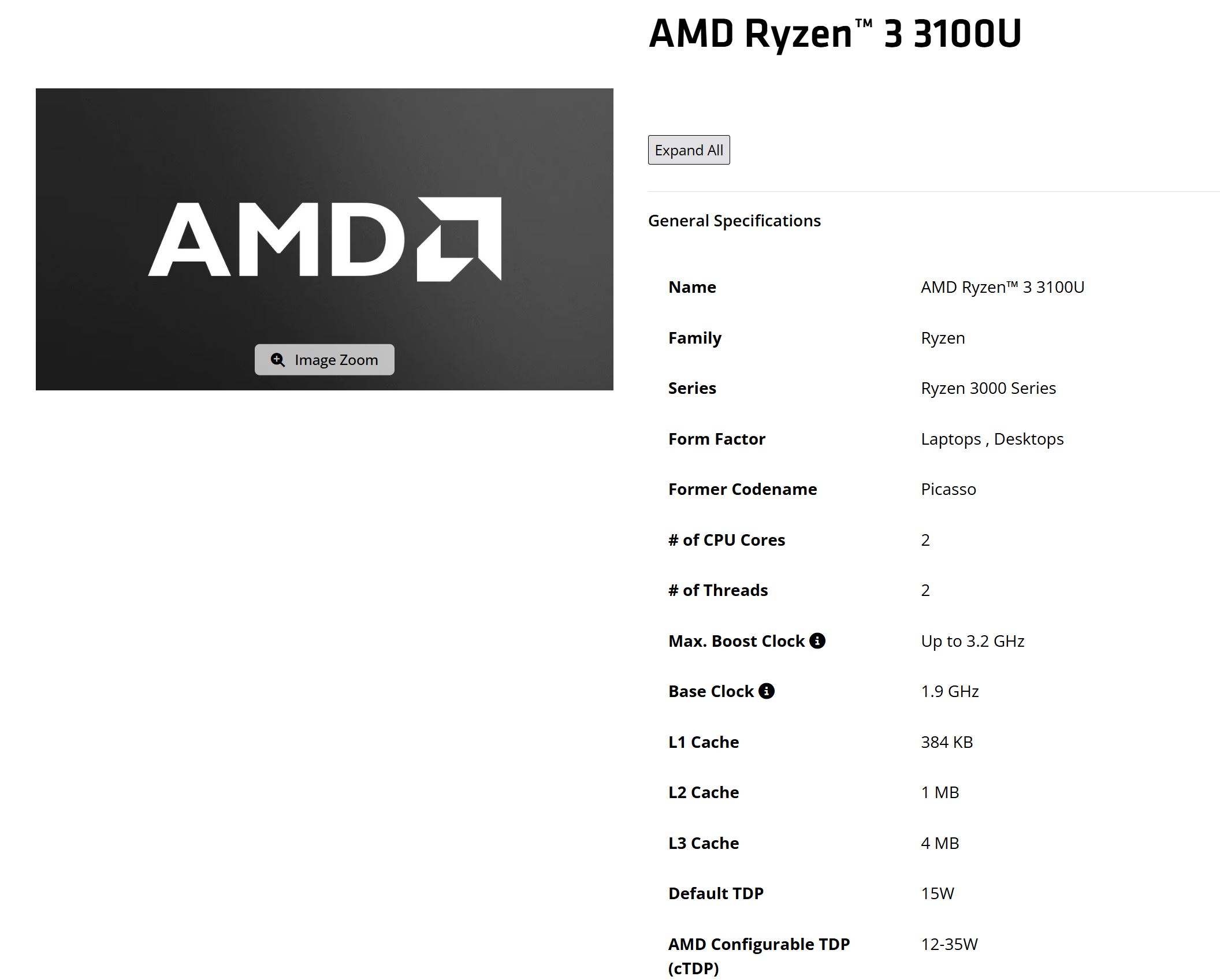 The image shows the AMD logo and detailed specifications for the AMD Ryzen 3 3100U processor, including its family as Ryzen, series as Ryzen 3000 Series, 2 CPU cores, 2 threads, and a max boost clock of up to 3.2 GHz.