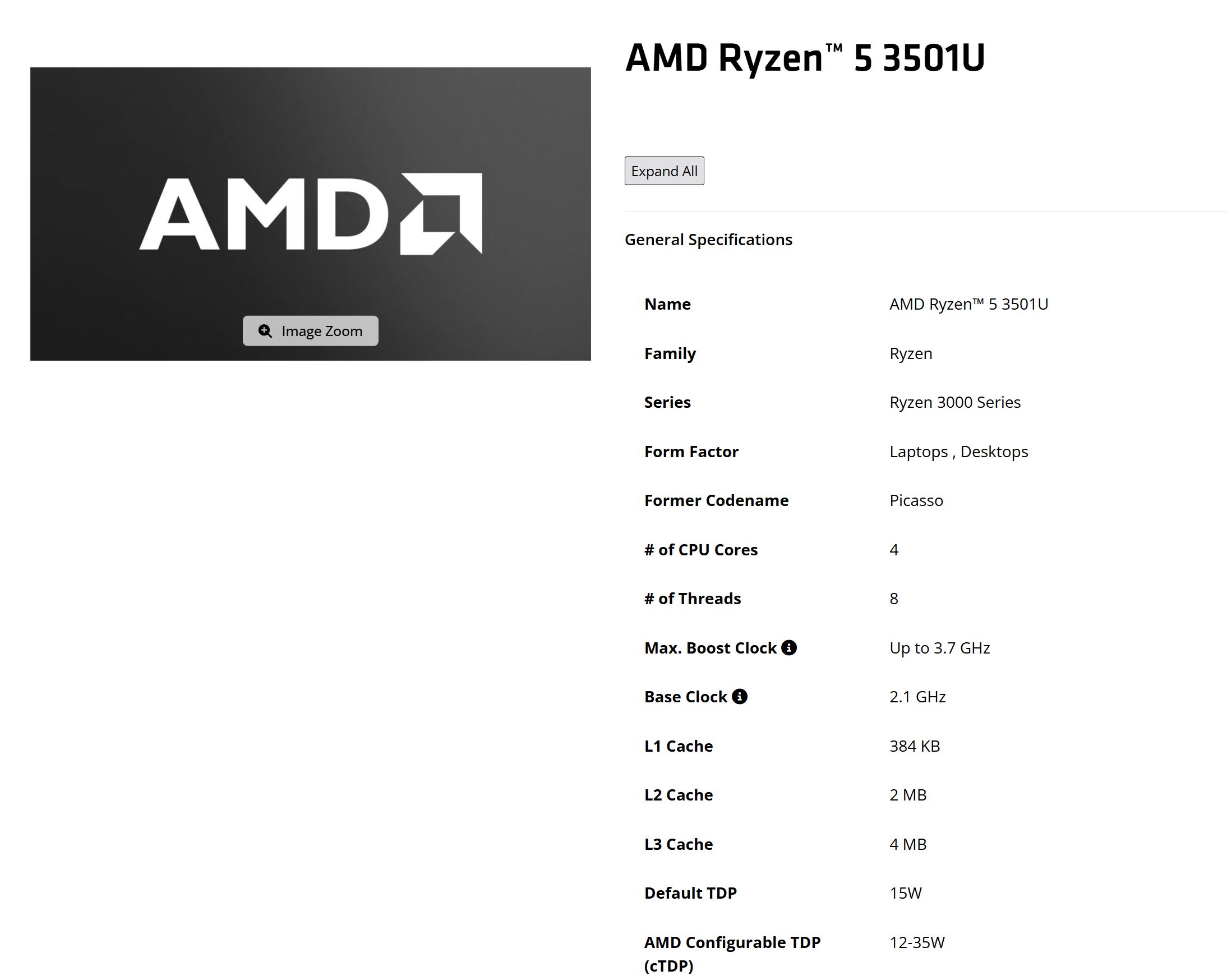 The image shows AMD logo and specifications for the AMD Ryzen 5 3501U, highlighting its 4 cores, 8 threads, base clock of 2.1 GHz, and boost clock up to 3.7 GHz.