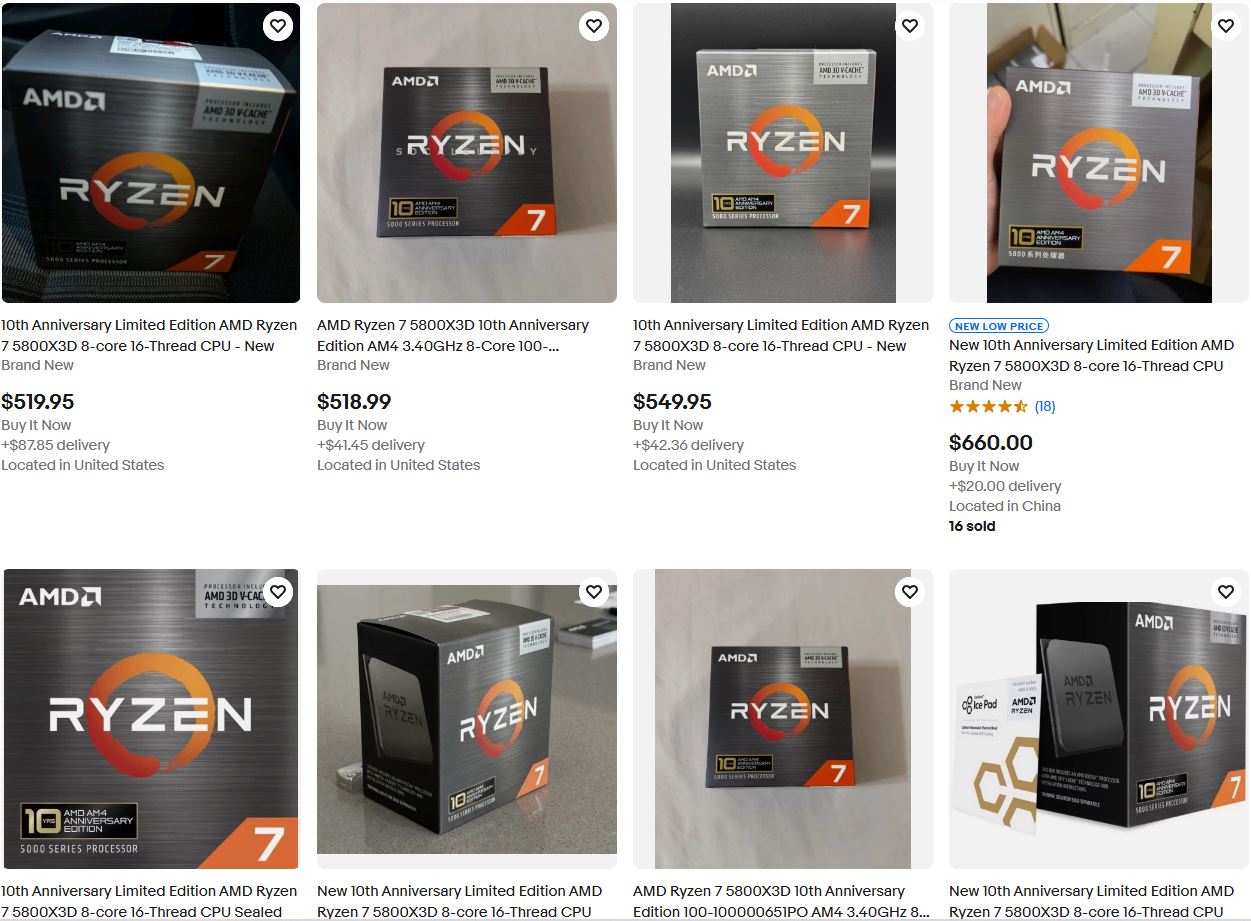 Several images of the AMD Ryzen 7 5800X3D 10th Anniversary Edition CPU boxes, with prices ranging from $518.99 to $660.00, located in the United States and China.